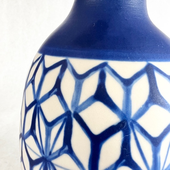Vintage Artisan De Luxe Home Boho Thai Vase Royal Blue Geometric Print 7” - Picture 10 of 13